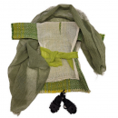 Kleid aus grün-gelbem Gewebestoff mit Umhang, Gürtel und Schleier